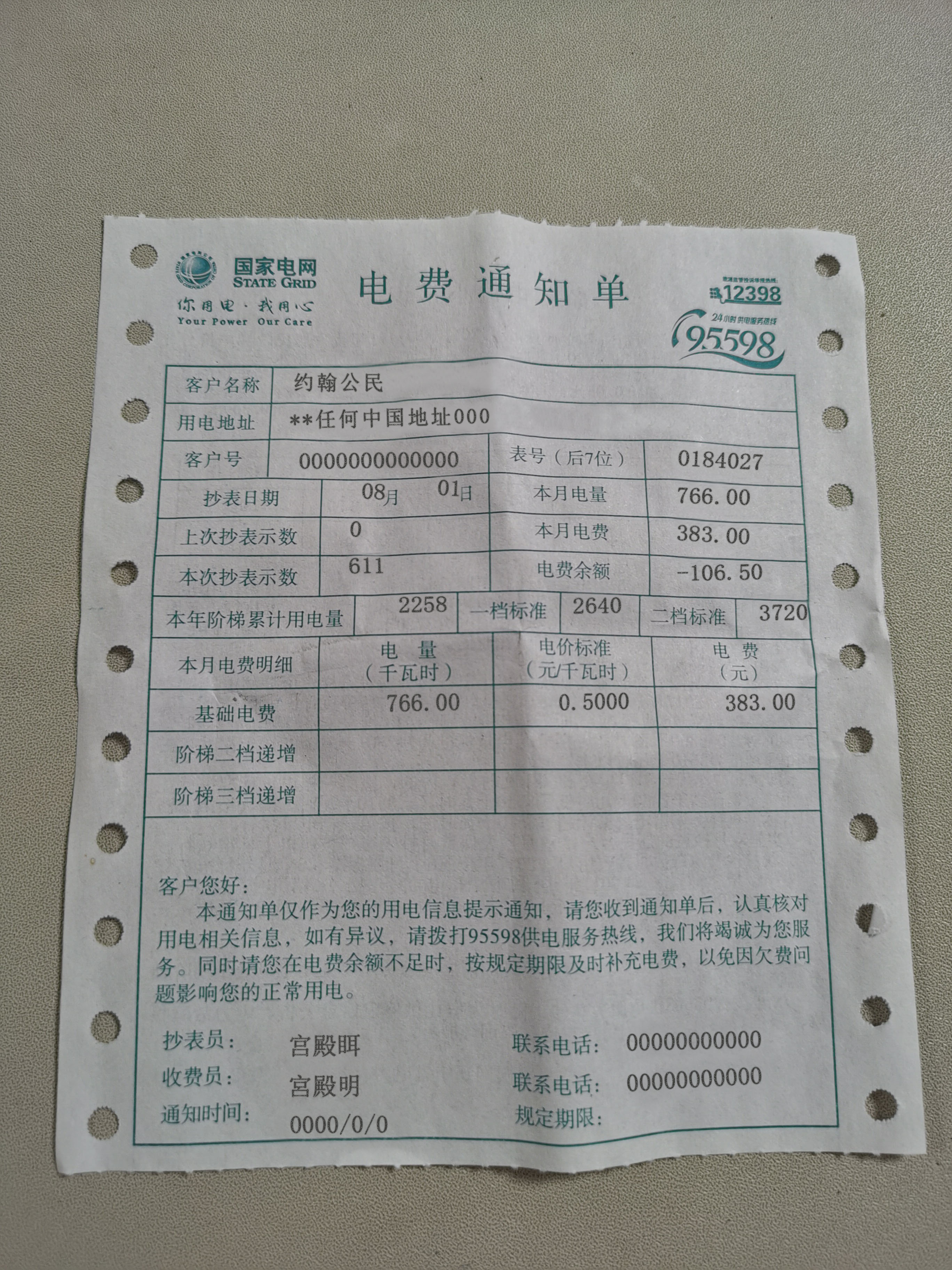 China State Grid Corporation of China (SGCC) electricity utility bill photolook